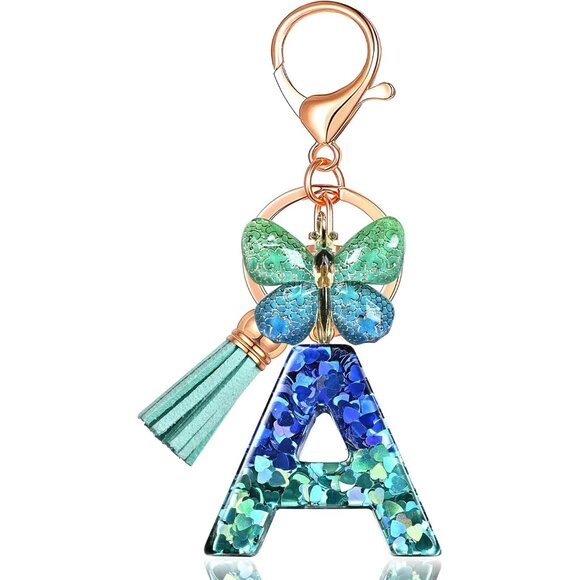🆕 Women Blue Initial letter Keychains Tassel Butterfly Cute Car Wallet Backpack - Picture 1 of 6